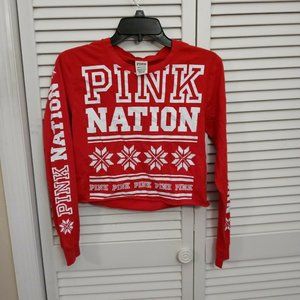 PINK by VICTORIA SECRET Long Sleeve Round Neck Cropped Red & White Shirt Size XS